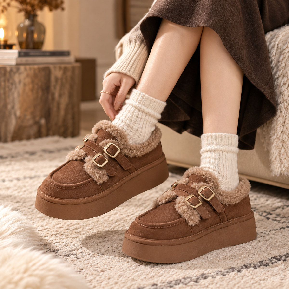 Women's Fleece-Lined Winter Platform Shoes with Double Buckle Straps and Thick Sole alternate view