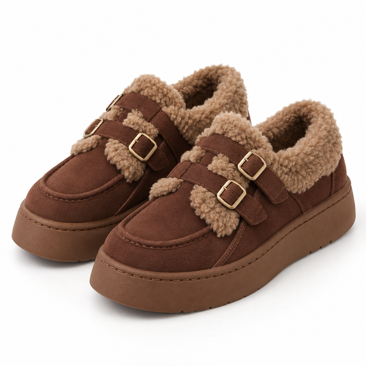 Women's Fleece-Lined Winter Platform Shoes with Double Buckle Straps and Thick Sole alternate view