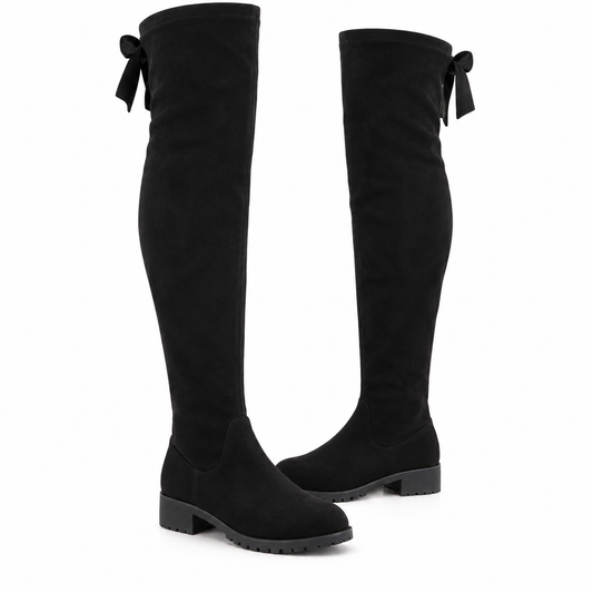 Women's Over-the-Knee Boots with Low Block Heel, Back Bow and Faux Suede Finish product image