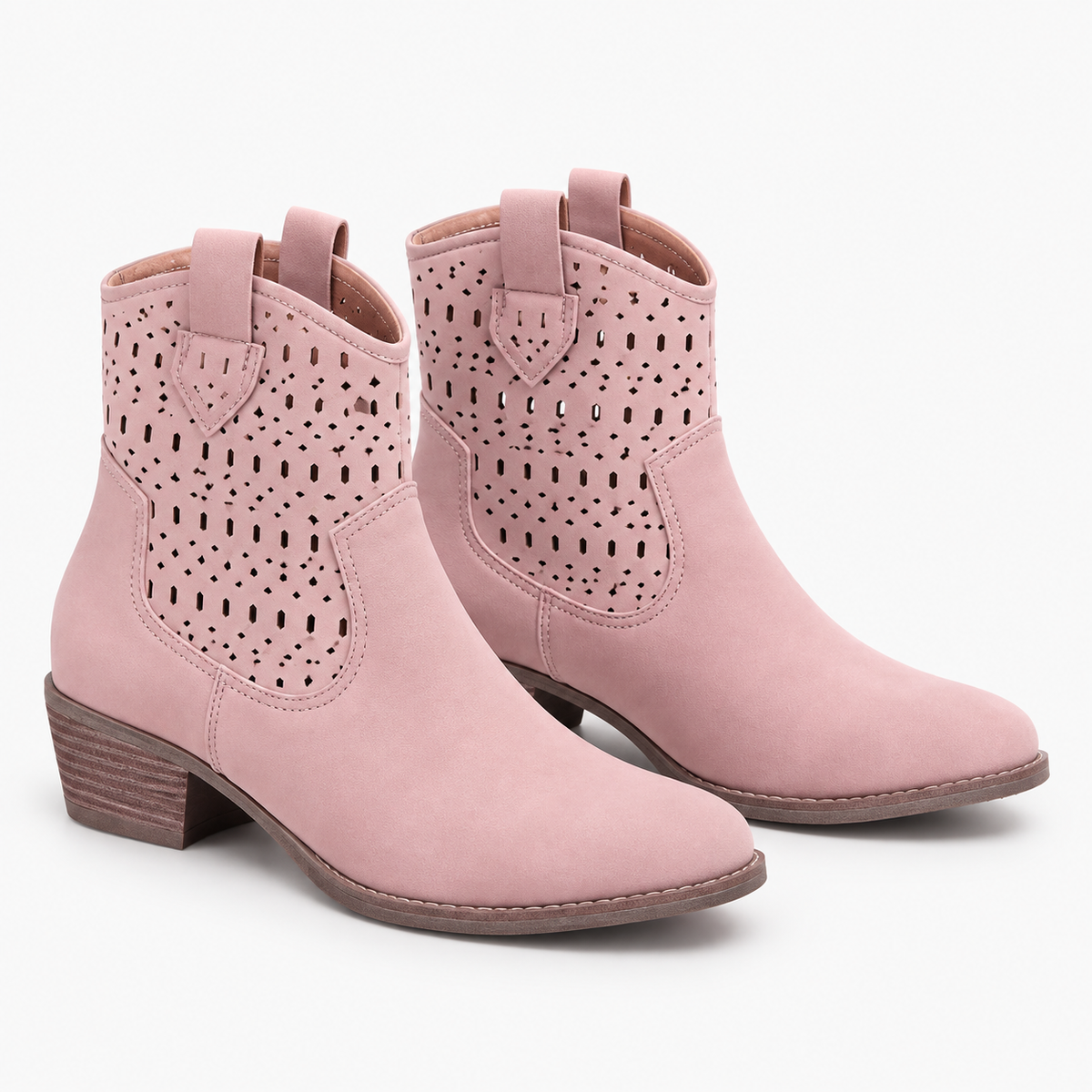 Women's Perforated Ankle Boots with Round Toe, Pull Tabs and Low Block Heel product image