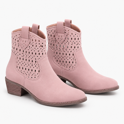 Women's Perforated Ankle Boots with Round Toe, Pull Tabs and Low Block Heel product image