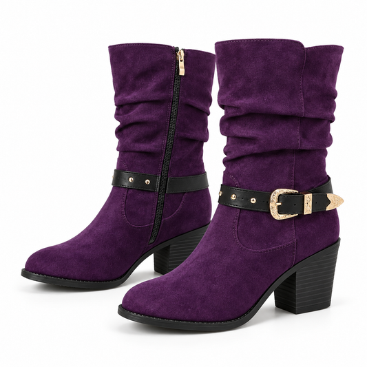 Women's Purple Mid-Calf Western Boots with Buckle Strap and Chunky Heel product image
