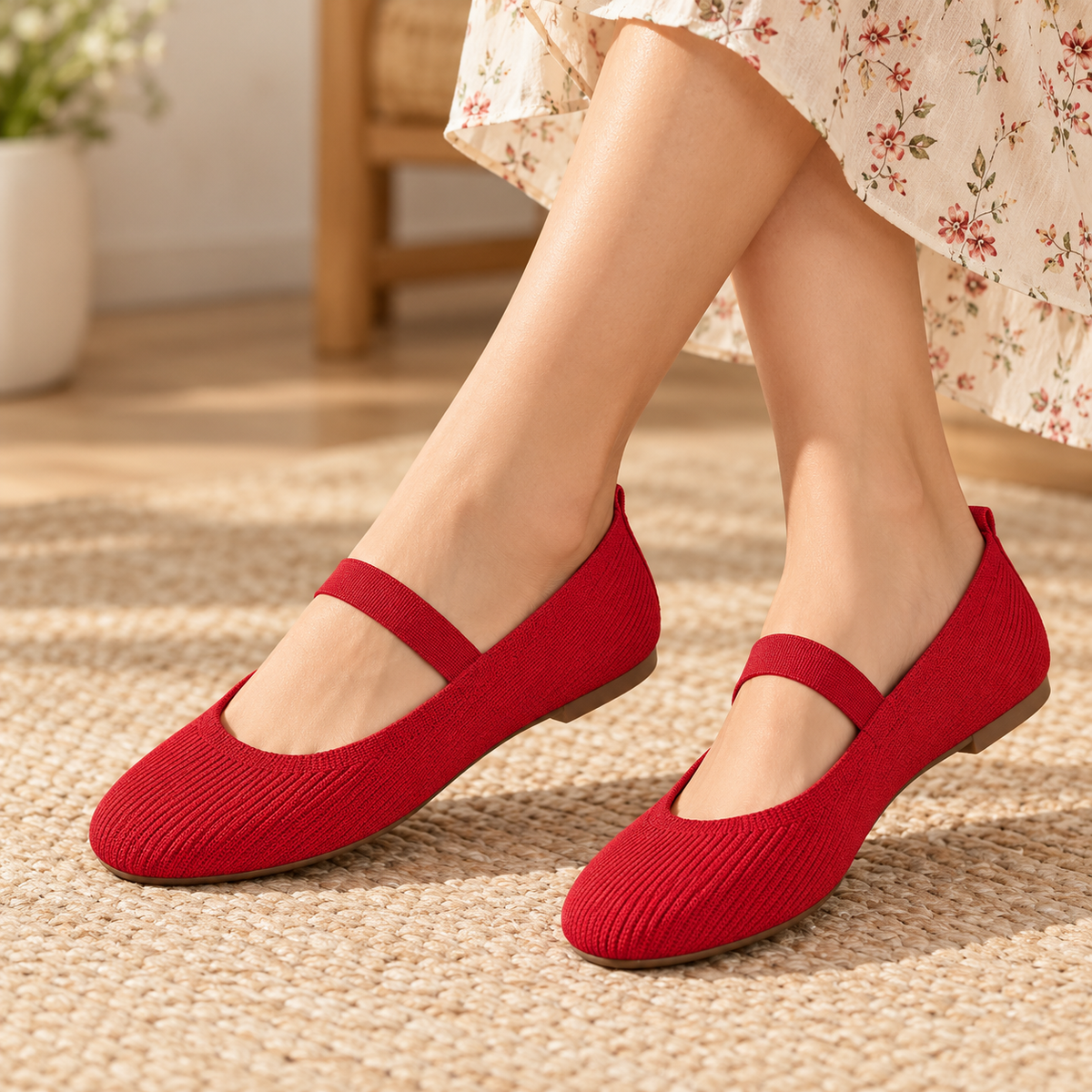 Women's Knit Mary Jane Ballet Flats with Instep Strap and Round Toe alternate view
