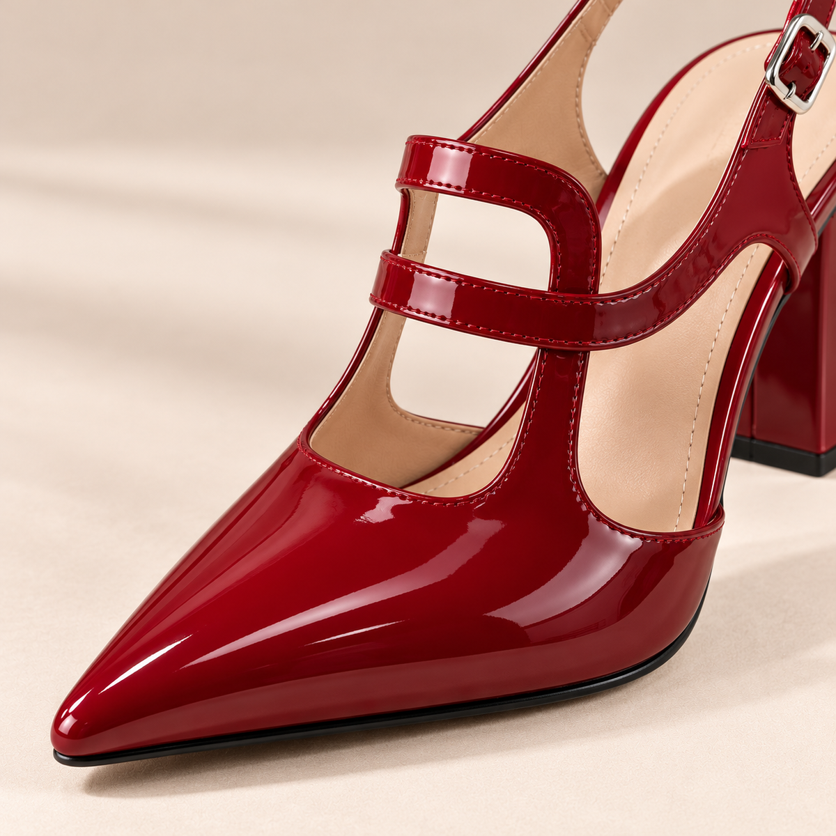Women's Pointed Toe Mary Jane Slingback Pumps with Block Heel and Cutout Straps alternate view