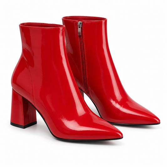 Women's Patent Leather Ankle Boots with Pointed Toe, Block Heel & Side Zipper product image