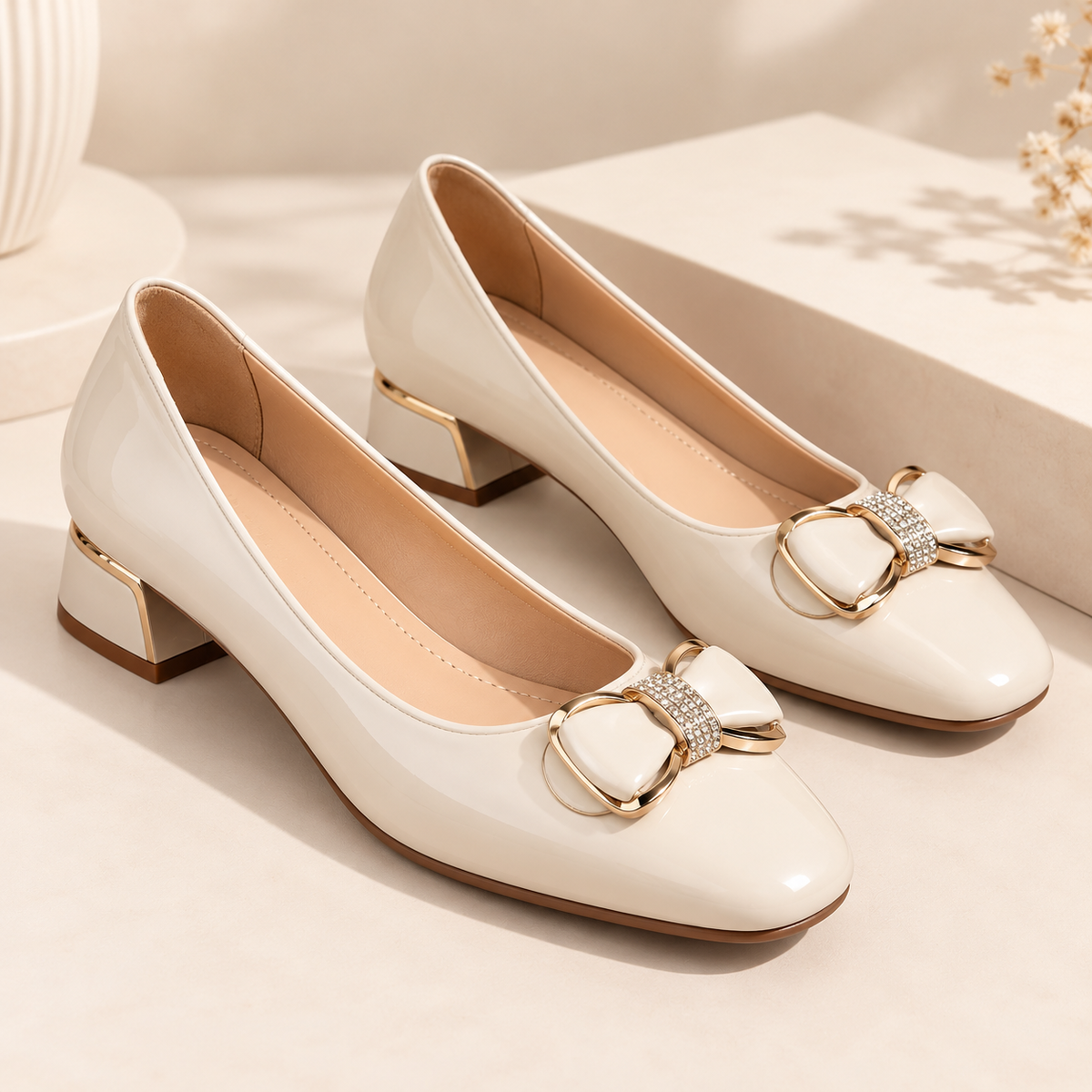 Women's Patent Leather Low Heel Pumps with Bow Detail product image