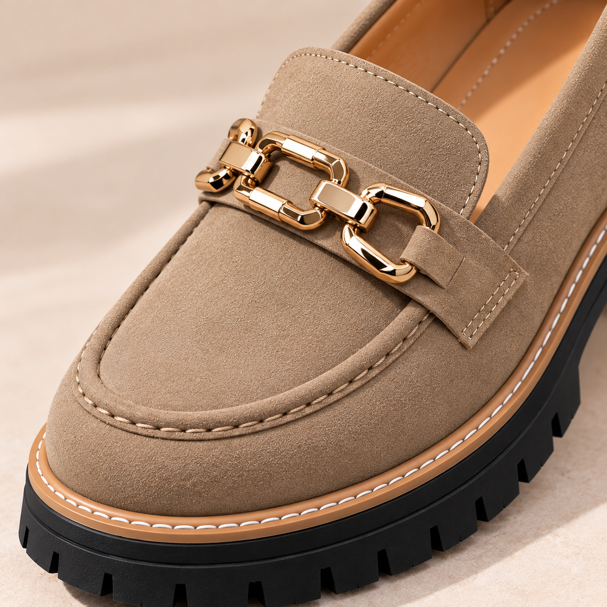 Women's Thick Sole Loafers with Gold Chain Detail, Round Toe and Lug Tread alternate view