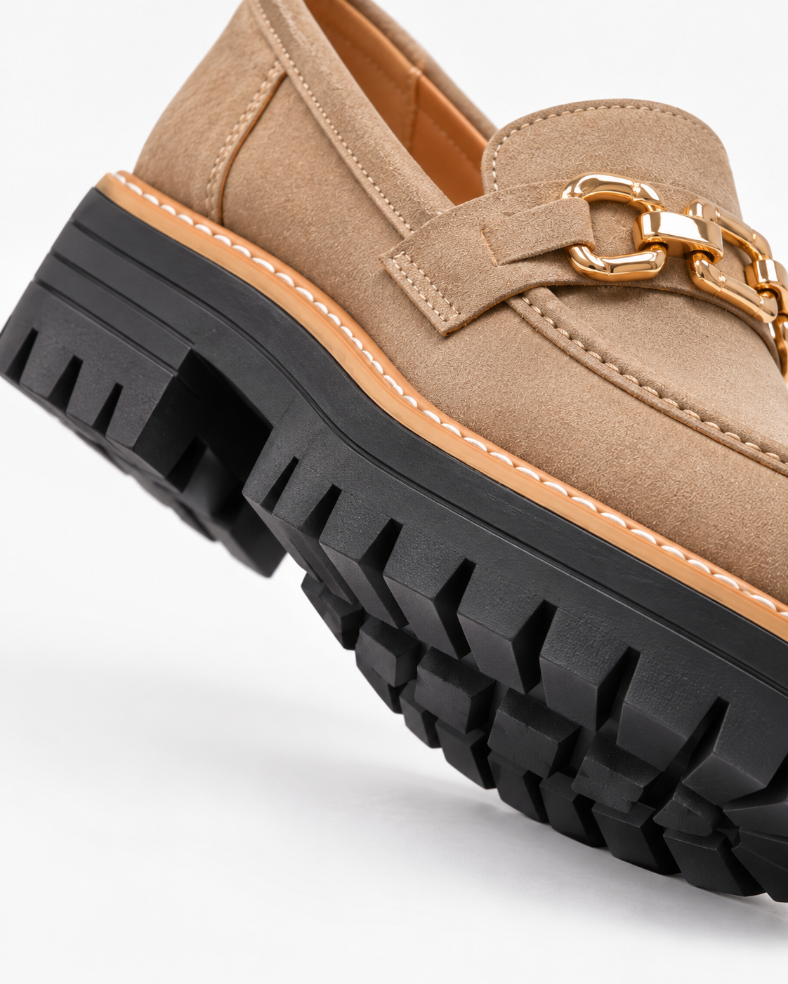 Women's Thick Sole Loafers with Gold Chain Detail, Round Toe and Lug Tread alternate view