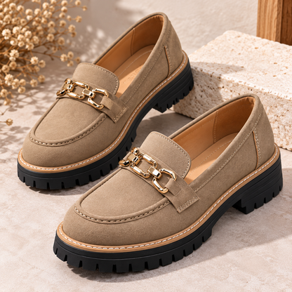 Women's Thick Sole Loafers with Gold Chain Detail, Round Toe and Lug Tread product image
