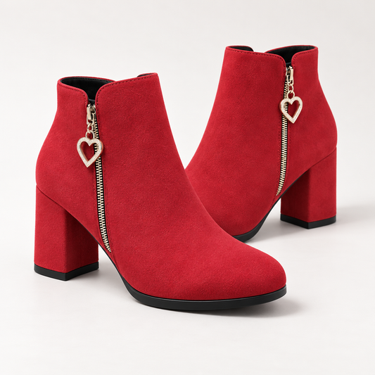 Women's Side Zipper Ankle Boots with Heart Charm and Chunky Block Heel product image
