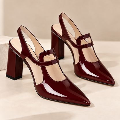 Women's Pointed Toe Slingback Mary Jane Pumps with Block Heel and Cutout Strap product image