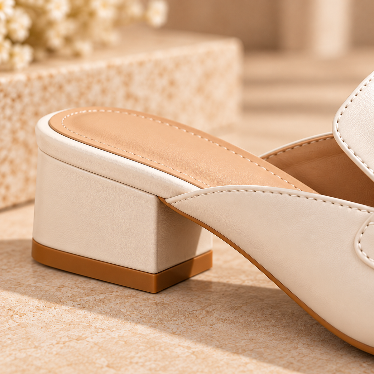 Women's White Mule Loafers with Chain Detail, Closed Toe and Mid Block Heel alternate view