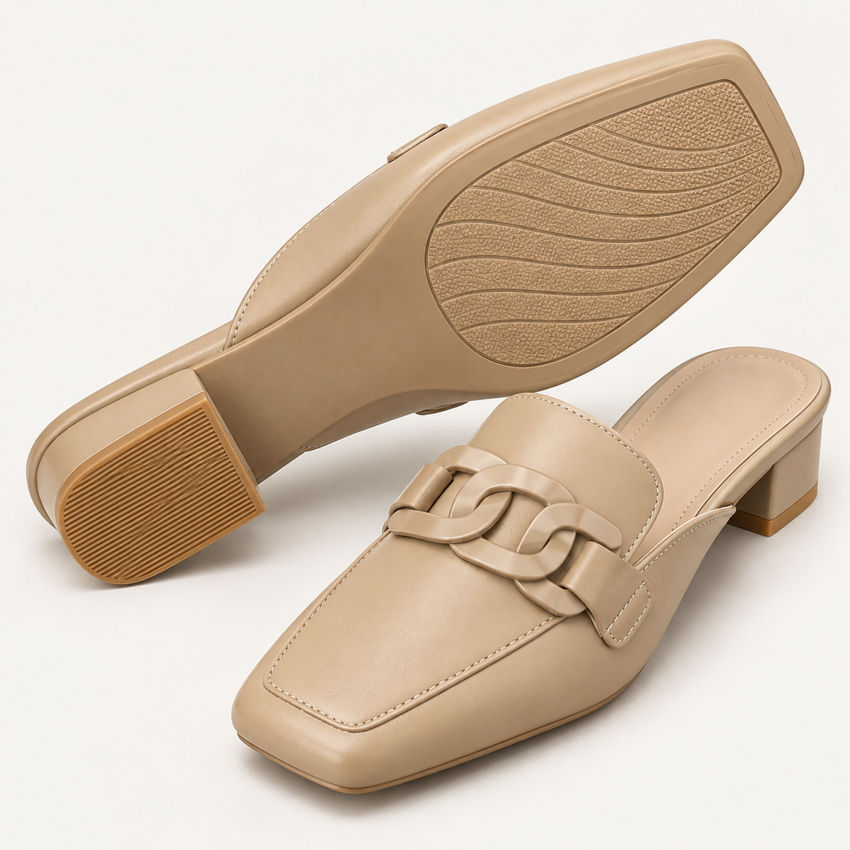 Women's White Mule Loafers with Chain Detail, Closed Toe and Mid Block Heel alternate view