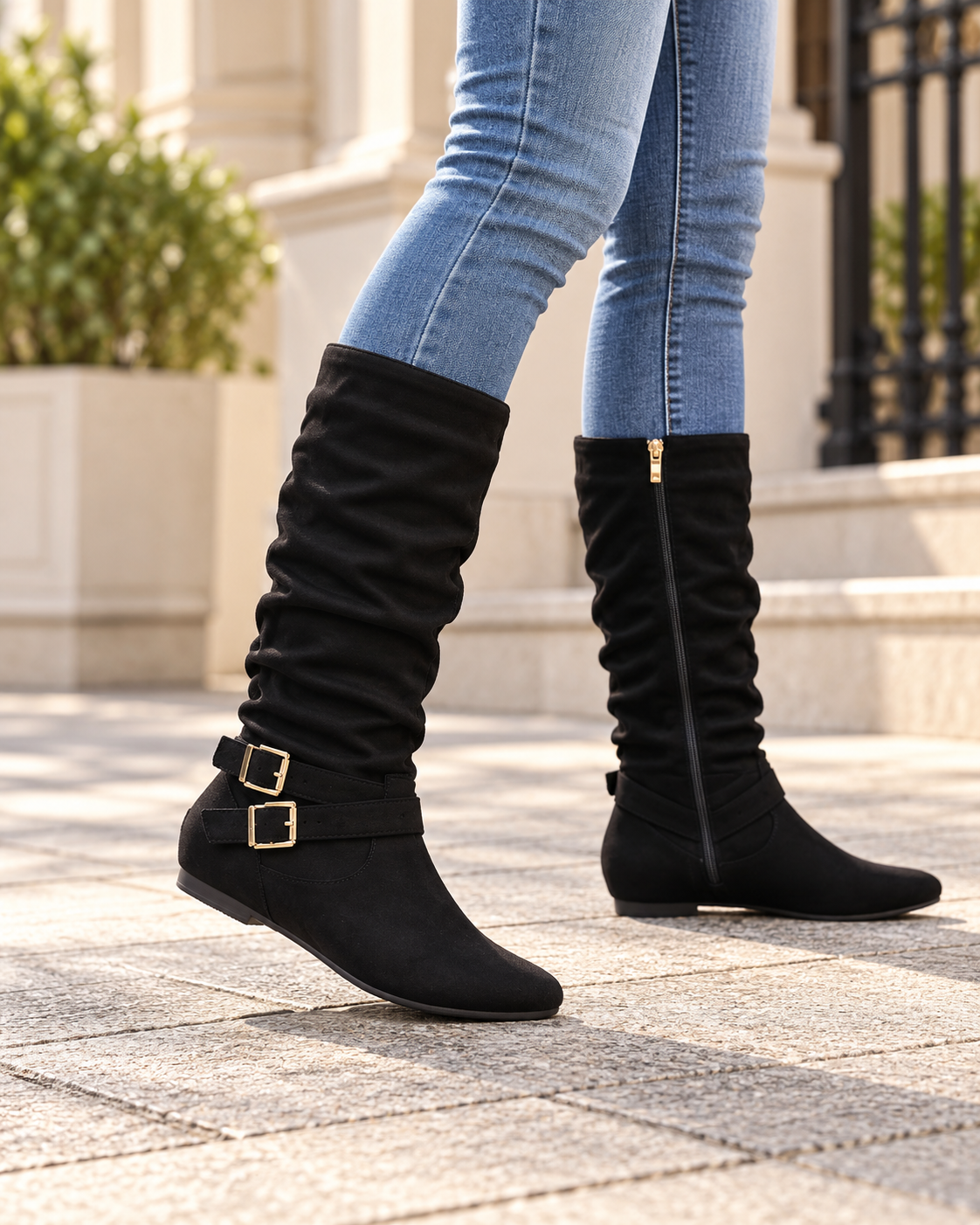 Women's Suede Knee-High Boots with Double Buckles, Side Zipper and Flat Heel alternate view