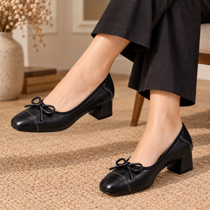 Women's Square-Toe Bow Pumps with Soft Leather Upper and Chunky Block Heel alternate view