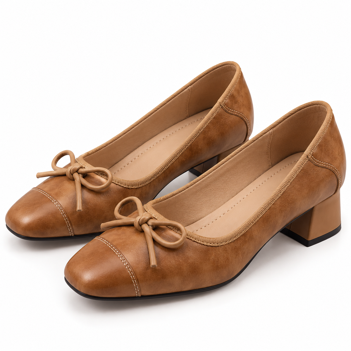 Women's Square-Toe Bow Pumps with Soft Leather Upper and Chunky Block Heel product image
