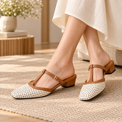 Women's Mule Sandals with Woven Square Toe, T-Strap and Low Block Heel alternate view