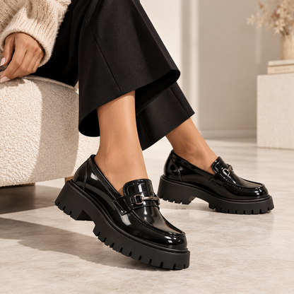 Women's Glossy Black Leather Platform Loafers with Chunky Lug Sole alternate view