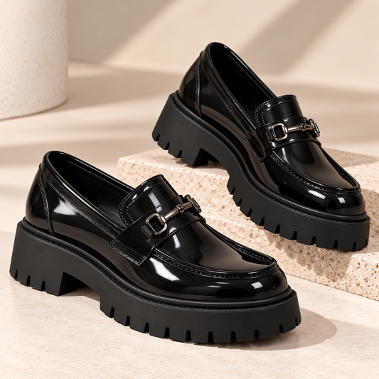 Women's Glossy Black Leather Platform Loafers with Chunky Lug Sole product image