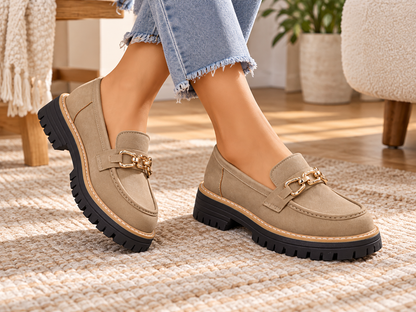 Women's Thick Sole Loafers with Gold Chain Detail, Round Toe and Lug Tread alternate view