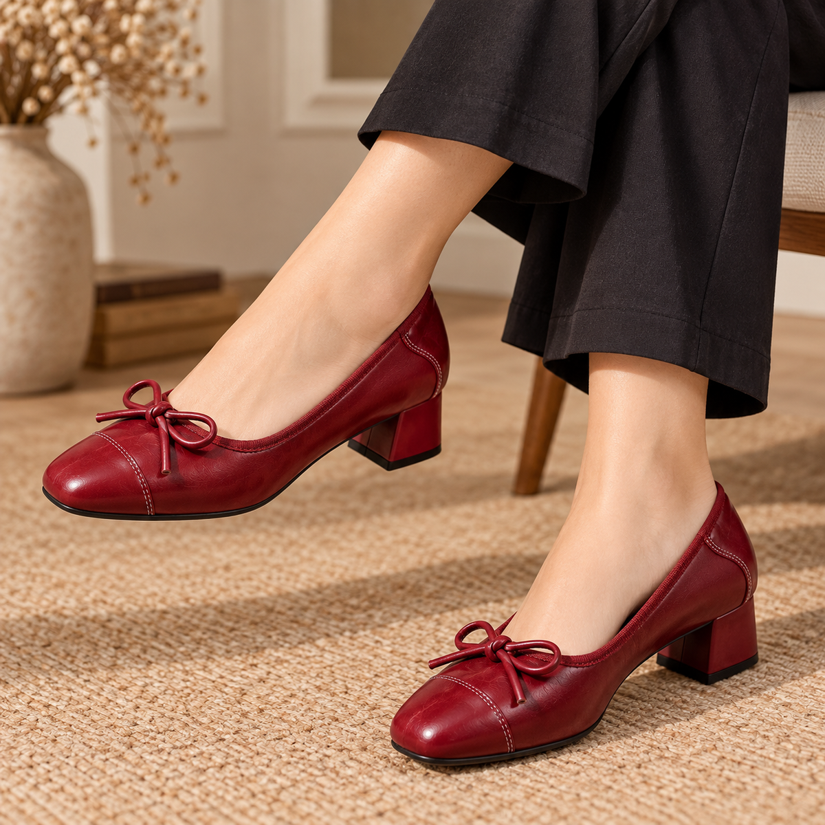 Women's Square-Toe Bow Pumps with Soft Leather Upper and Chunky Block Heel alternate view