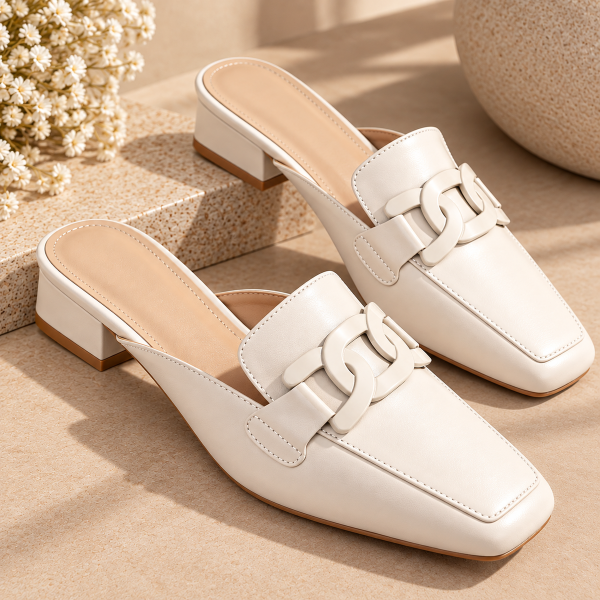 Women's White Mule Loafers with Chain Detail, Closed Toe and Mid Block Heel product image